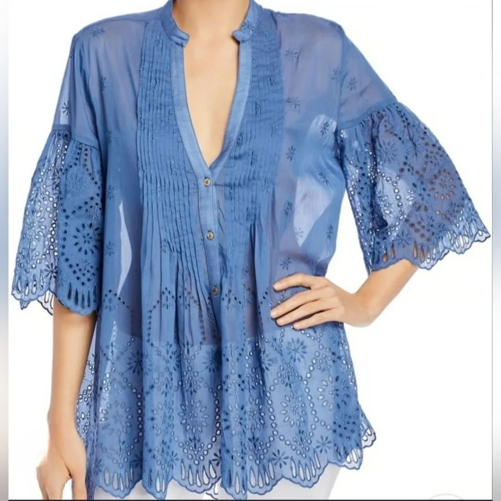 Johnny Was Huma Pintuck Blouse Women's S Blue Eyelet Cotton & Silk Semi Sheer
